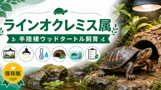 ラインオクレミス属（Rhinoclemmys）完全ガイド｜中南米産木本ガメ・ウッドタートルの種類・特徴・半陸棲飼育法を属レベルで解説の要点を伝えるカメレオン・爬虫類記事アイキャッチ画像