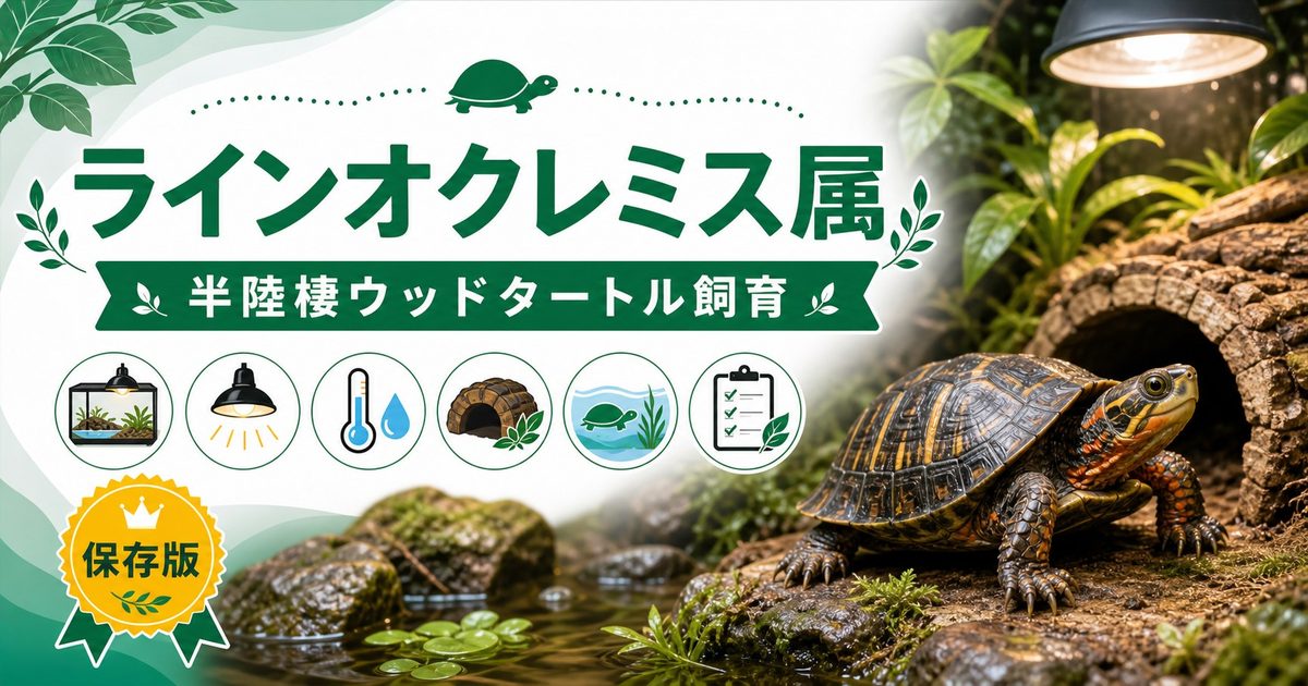 ラインオクレミス属（Rhinoclemmys）完全ガイド｜中南米産木本ガメ・ウッドタートルの種類・特徴・半陸棲飼育法を属レベルで解説の要点を伝えるカメレオン・爬虫類記事アイキャッチ画像
