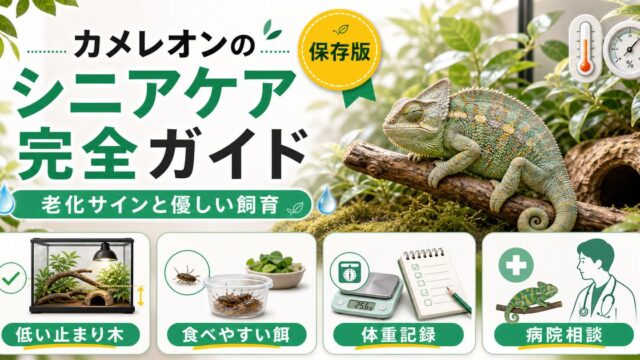 カメレオンの老化・シニアケア完全ガイド｜老化のサインと高齢個体に優しい飼育の工夫を徹底解説の要点を伝えるカメレオン・爬虫類記事アイキャッチ画像