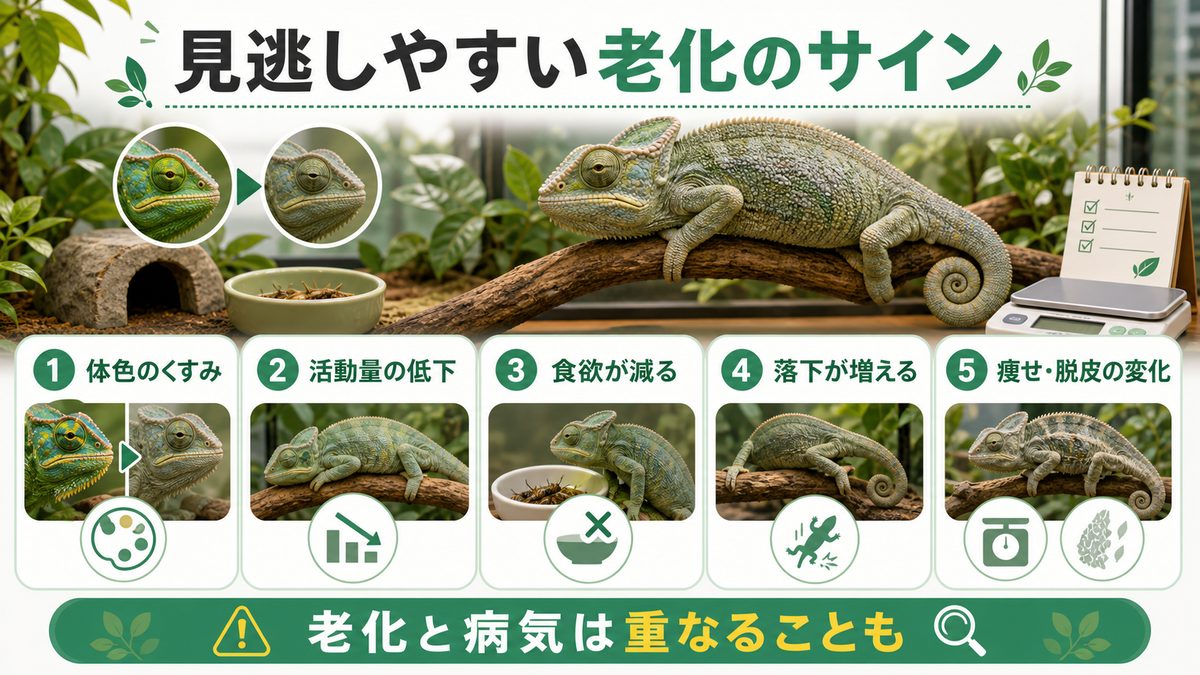 見逃しやすい老化のサインを見抜くの要点をまとめたカメレオン・爬虫類飼育インフォグラフィック