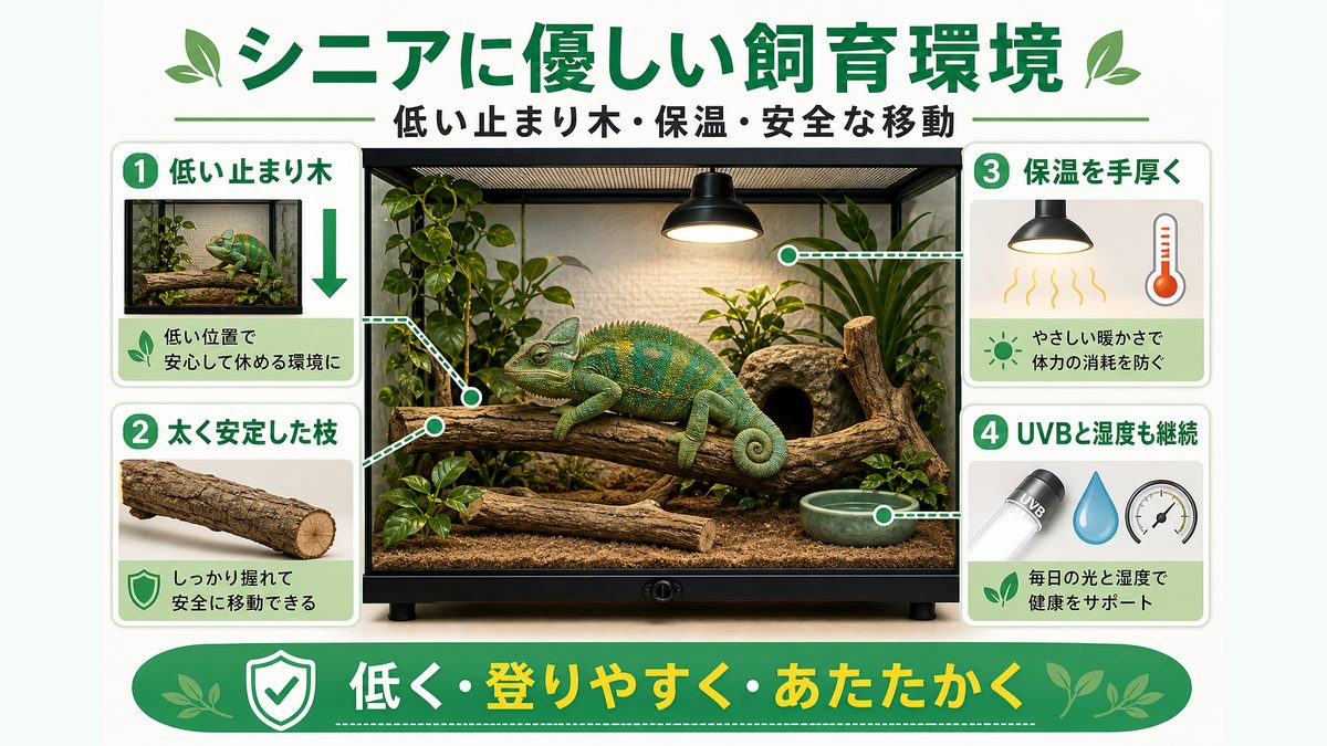 シニアに優しい飼育環境の調整（低い止まり木・保温）の要点をまとめたカメレオン・爬虫類飼育インフォグラフィック