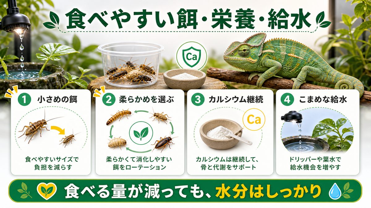 食べやすい餌・栄養・給水の調整の要点をまとめたカメレオン・爬虫類飼育インフォグラフィック