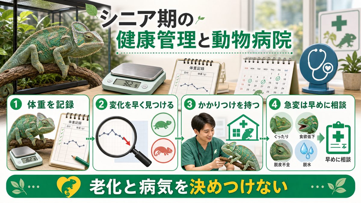 シニア期の健康管理と動物病院の要点をまとめたカメレオン・爬虫類飼育インフォグラフィック