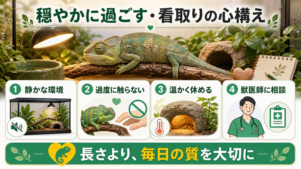 穏やかに過ごす・看取りの心構えの要点をまとめたカメレオン・爬虫類飼育インフォグラフィック