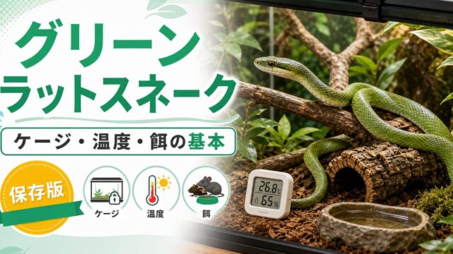 グリーンラットスネーク（Senticolis triaspis）飼育完全ガイド｜中米産の珍しい緑色ナミヘビの特徴・飼育・近縁種比較を徹底解説の要点を伝えるカメレオン・爬虫類記事アイキャッチ画像