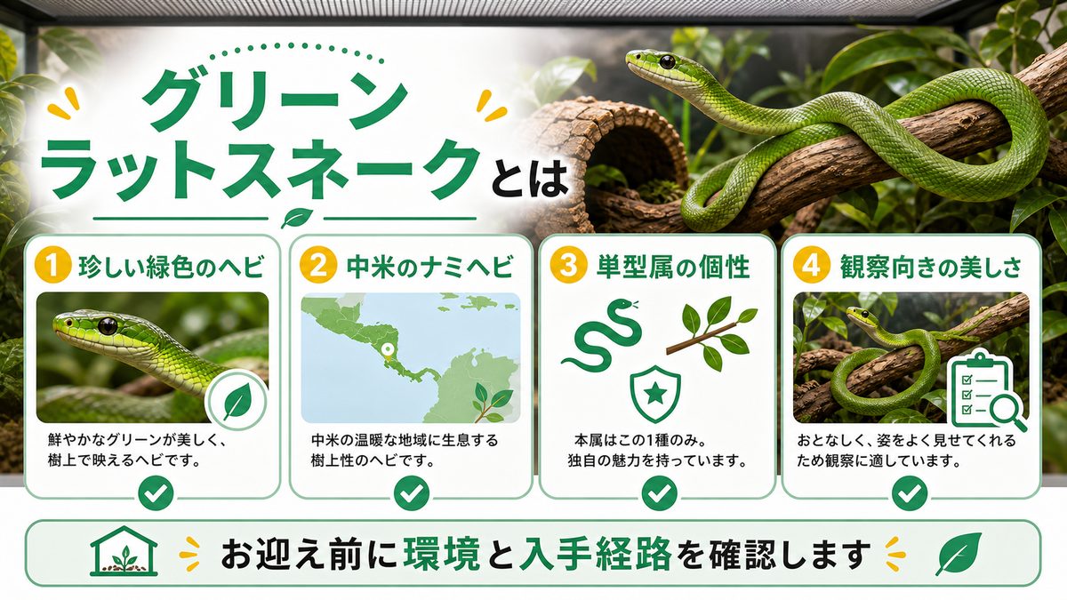 グリーンラットスネークとは(基本情報・単型属)の要点をまとめたカメレオン・爬虫類飼育インフォグラフィック