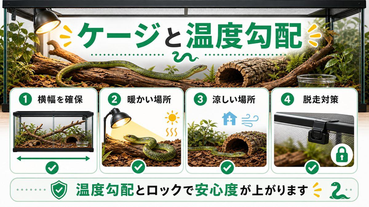 ケージと保温・温度勾配の要点をまとめたカメレオン・爬虫類飼育インフォグラフィック