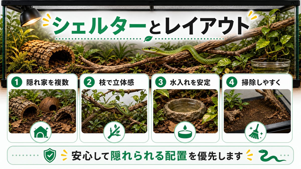 シェルターとレイアウトの要点をまとめたカメレオン・爬虫類飼育インフォグラフィック