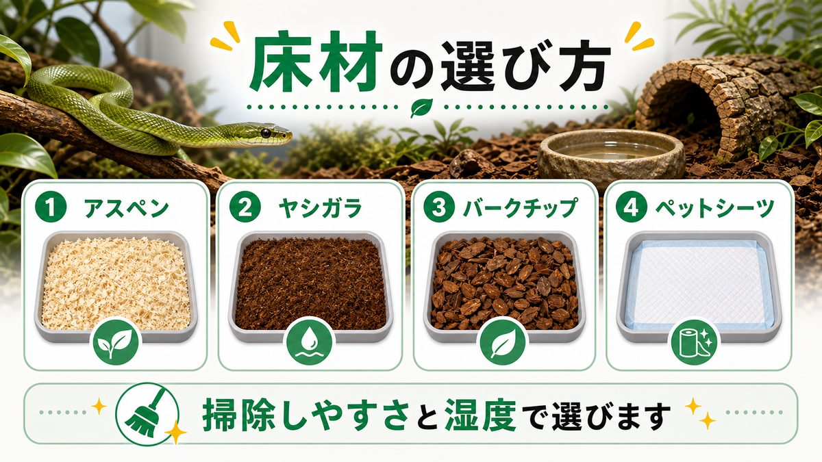 床材の選び方の要点をまとめたカメレオン・爬虫類飼育インフォグラフィック