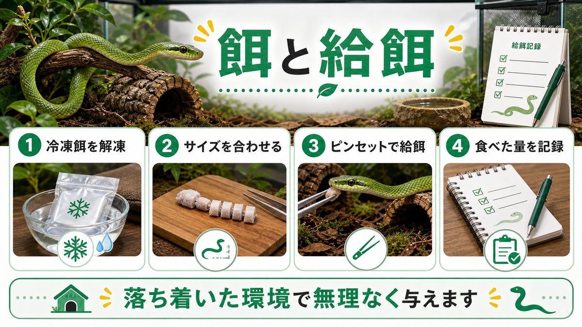 餌と給餌(冷凍マウス)の要点をまとめたカメレオン・爬虫類飼育インフォグラフィック