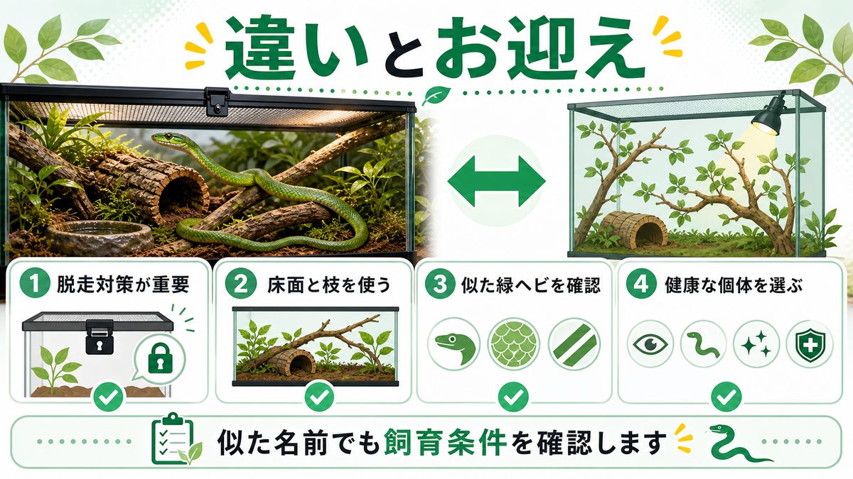 カメレオンとの違い・近縁の緑ヘビとの比較・お迎えの要点をまとめたカメレオン・爬虫類飼育インフォグラフィック