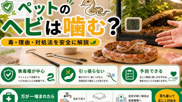 ペットのヘビは噛む？毒はある？噛まれたときの対処と噛まれない飼い方の要点を伝えるカメレオン・爬虫類記事アイキャッチ画像