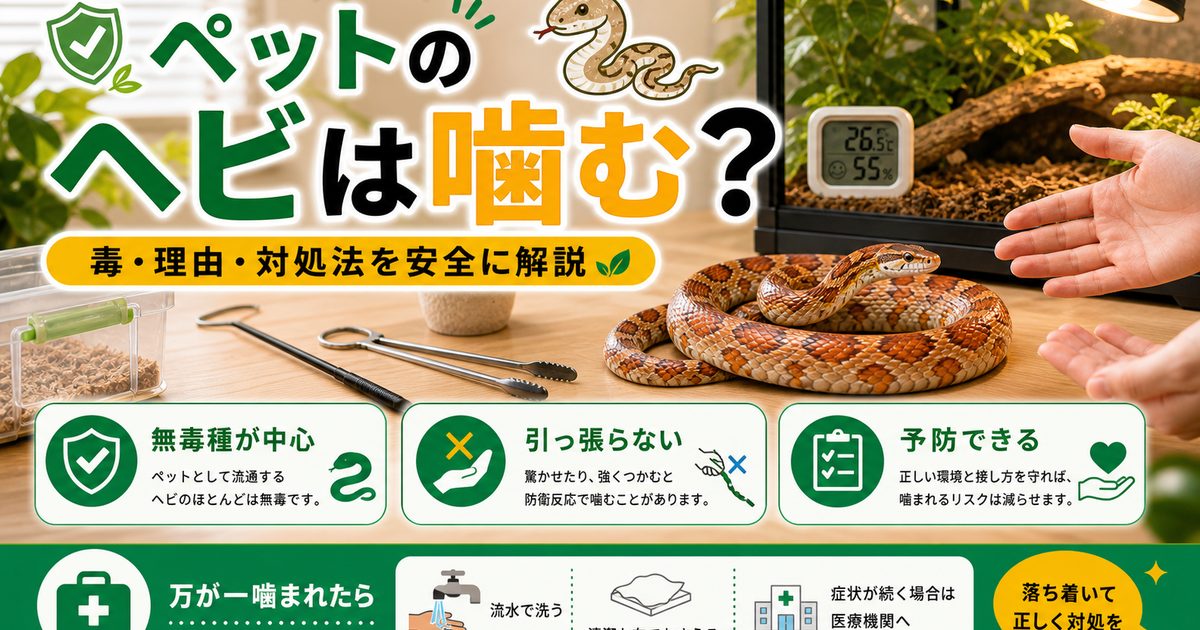 ペットのヘビは噛む？毒はある？噛まれたときの対処と噛まれない飼い方の要点を伝えるカメレオン・爬虫類記事アイキャッチ画像