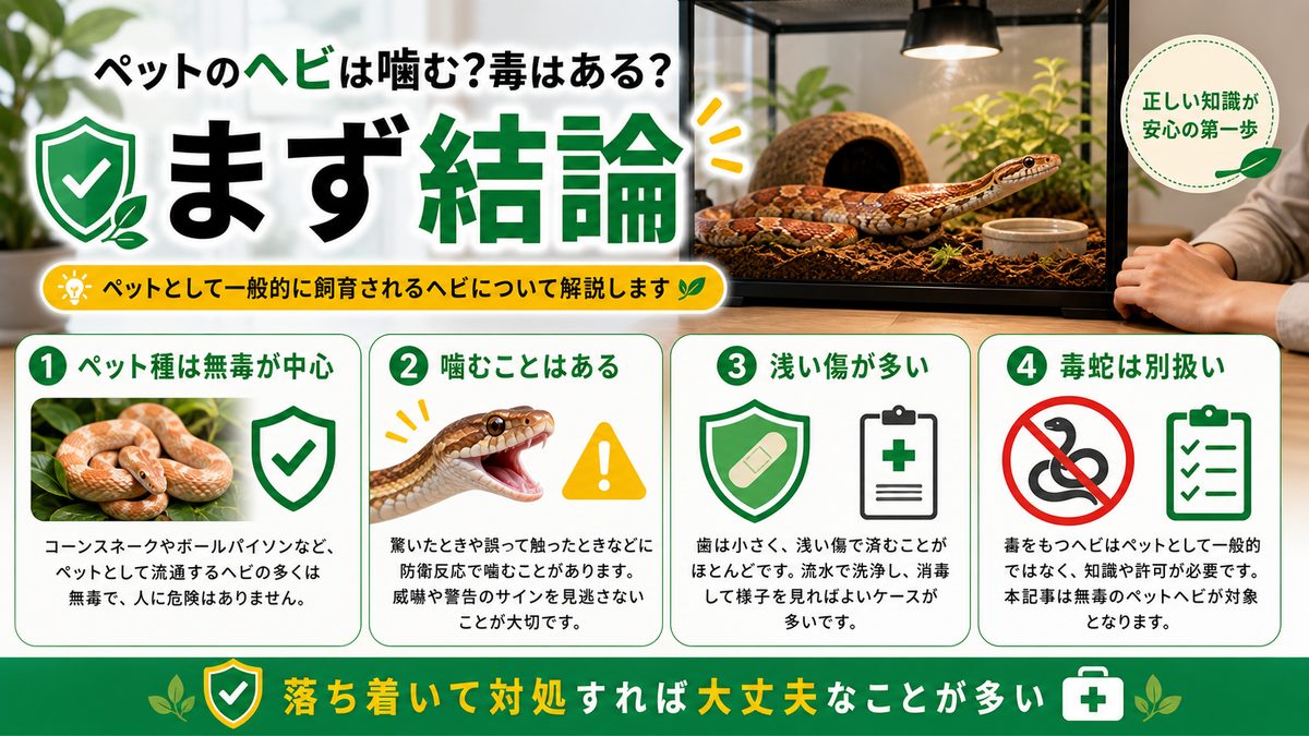 ペットのヘビは噛む？毒はある？まず結論の要点をまとめたカメレオン・爬虫類飼育インフォグラフィック