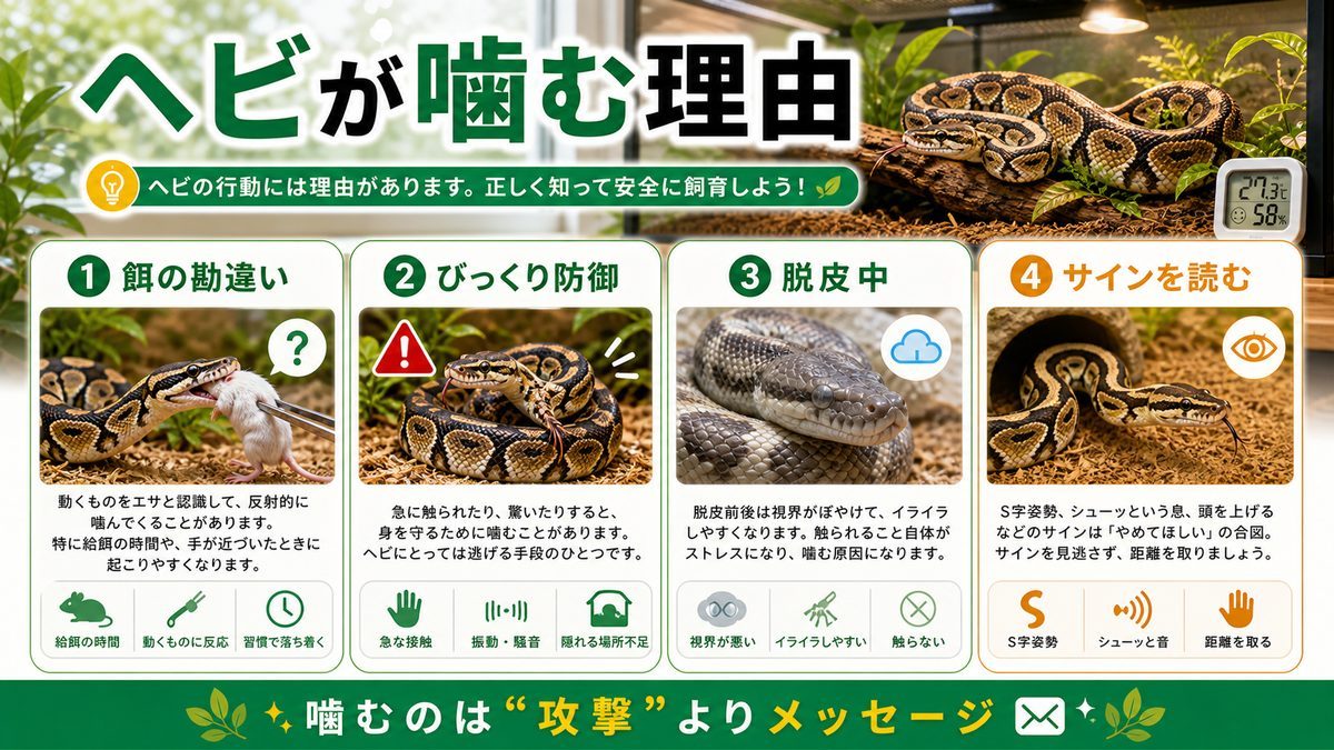 ヘビが噛む理由（餌の勘違い・防御・脱皮）の要点をまとめたカメレオン・爬虫類飼育インフォグラフィック