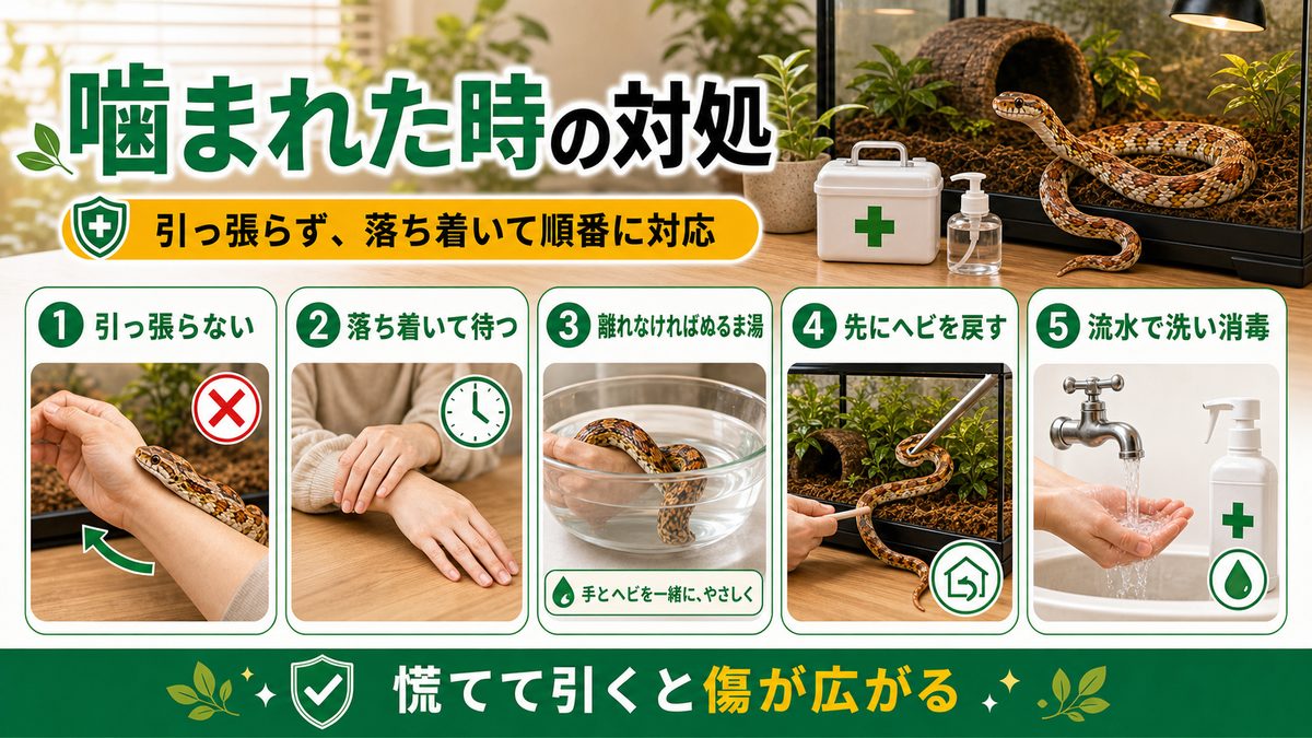噛まれたときの正しい対処法の要点をまとめたカメレオン・爬虫類飼育インフォグラフィック