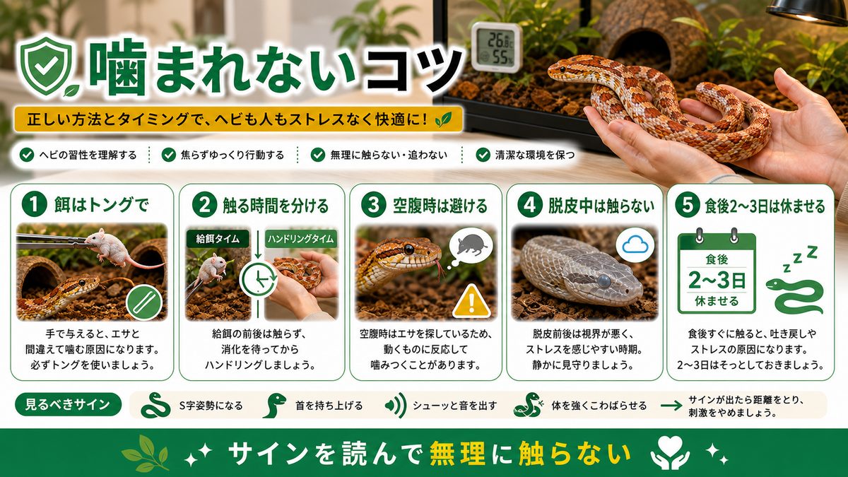 噛まれない飼い方・ハンドリングのコツの要点をまとめたカメレオン・爬虫類飼育インフォグラフィック