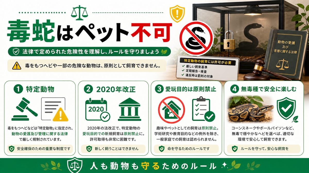 毒蛇は飼える？法律と危険性の要点をまとめたカメレオン・爬虫類飼育インフォグラフィック