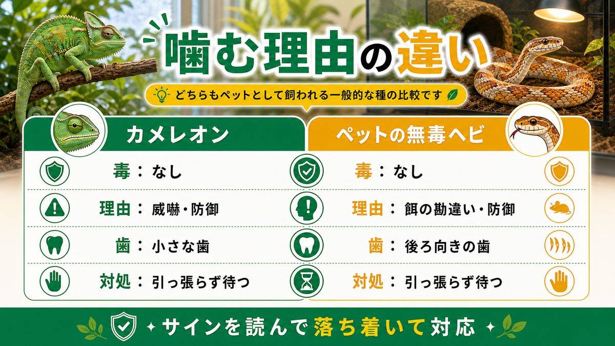 カメレオン（ぺぺ君）との違い・噛む比較の要点をまとめたカメレオン・爬虫類飼育インフォグラフィック