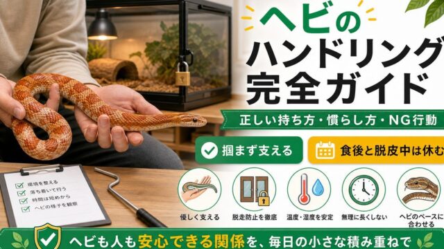 ヘビのハンドリング完全ガイド！正しい持ち方・慣らし方とやってはいけないことの要点を伝えるカメレオン・爬虫類記事アイキャッチ画像