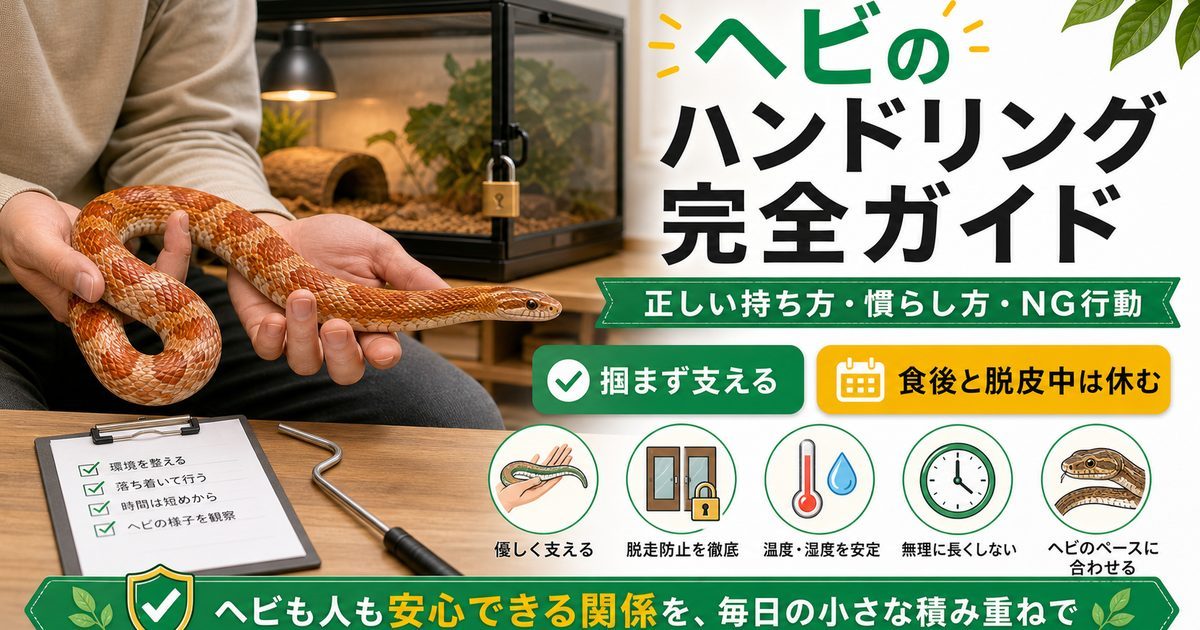 ヘビのハンドリング完全ガイド！正しい持ち方・慣らし方とやってはいけないことの要点を伝えるカメレオン・爬虫類記事アイキャッチ画像