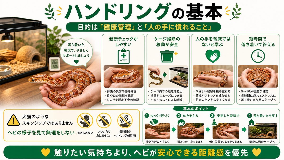 ヘビのハンドリングの基本（なぜ大事か）の要点をまとめたカメレオン・爬虫類飼育インフォグラフィック