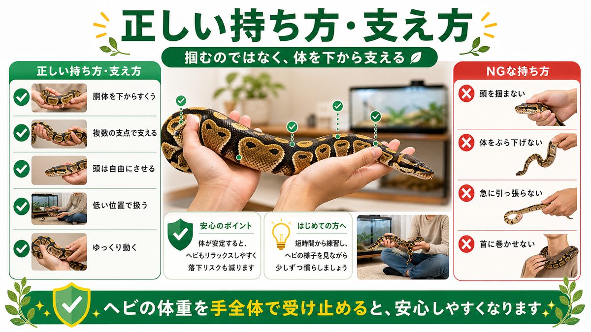 正しい持ち方・支え方の要点をまとめたカメレオン・爬虫類飼育インフォグラフィック