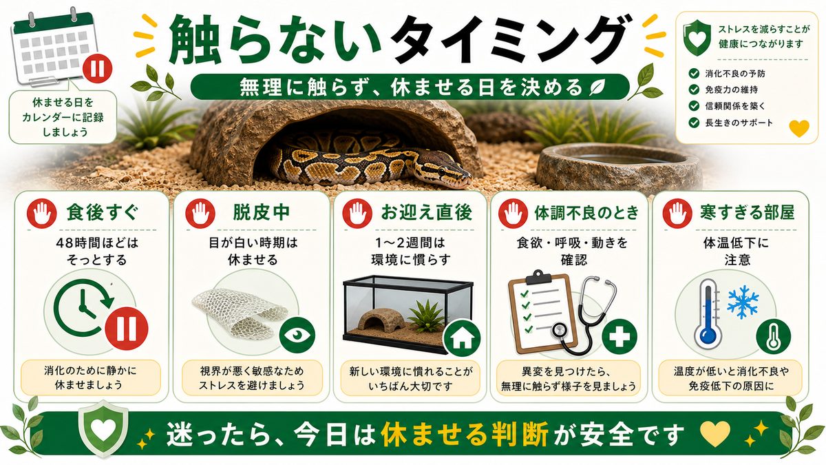 ハンドリングを避けるべきタイミングの要点をまとめたカメレオン・爬虫類飼育インフォグラフィック