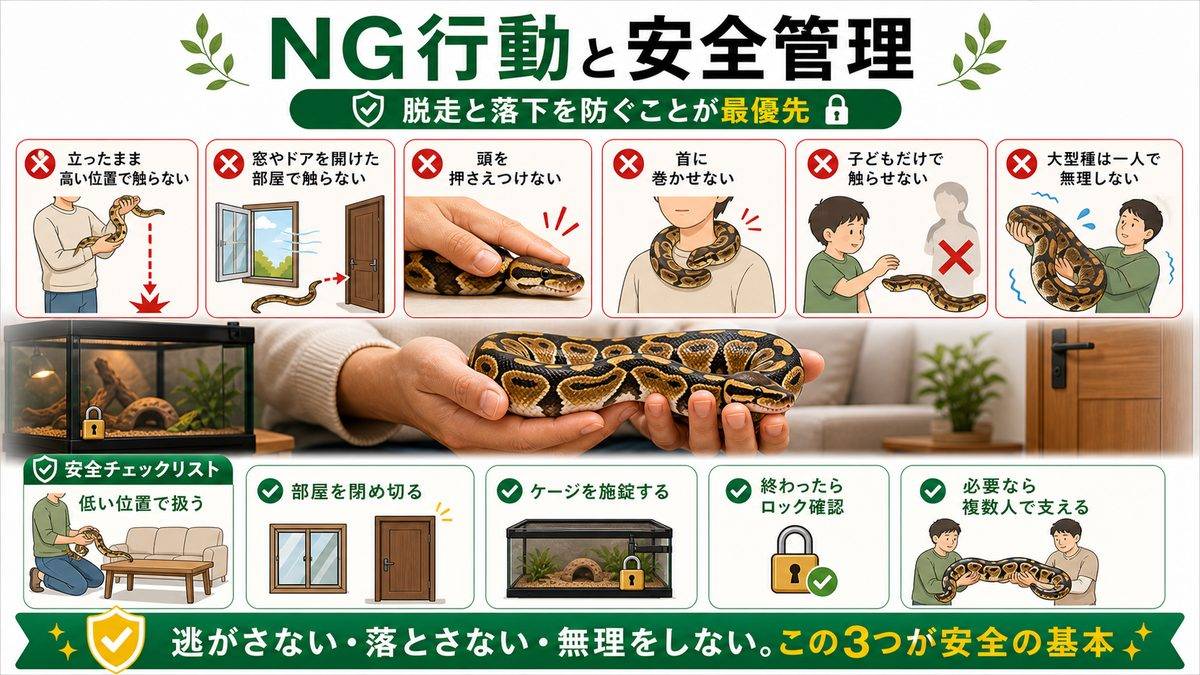 やってはいけないNG行動・安全管理の要点をまとめたカメレオン・爬虫類飼育インフォグラフィック
