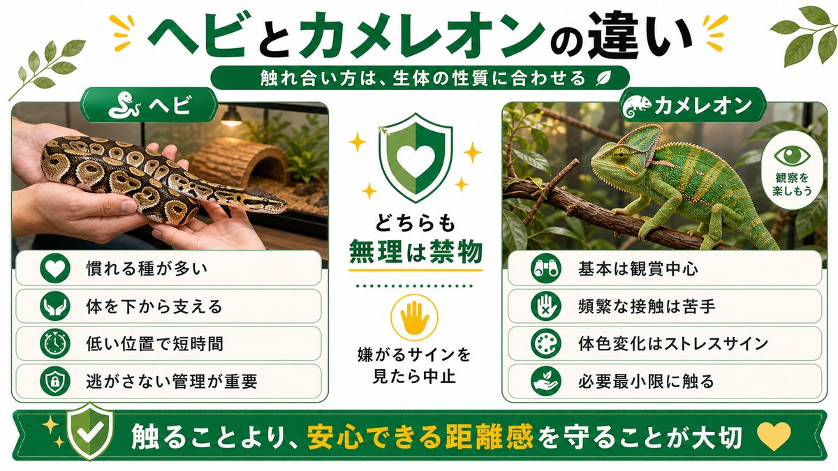 カメレオン（ぺぺ君）との違いの要点をまとめたカメレオン・爬虫類飼育インフォグラフィック
