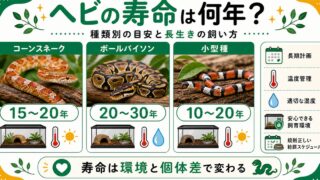 ヘビの寿命は何年？種類別の寿命と長生きさせる飼い方を徹底解説の要点を伝えるカメレオン・爬虫類記事アイキャッチ画像