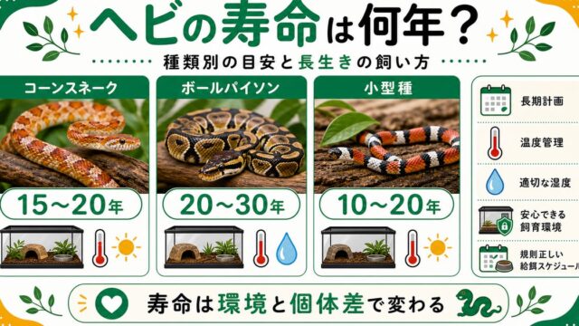 ヘビの寿命は何年？種類別の寿命と長生きさせる飼い方を徹底解説の要点を伝えるカメレオン・爬虫類記事アイキャッチ画像