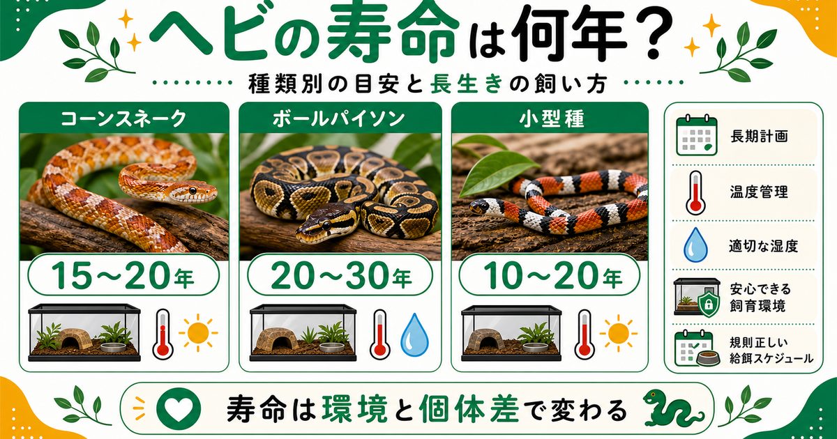 ヘビの寿命は何年？種類別の寿命と長生きさせる飼い方を徹底解説の要点を伝えるカメレオン・爬虫類記事アイキャッチ画像