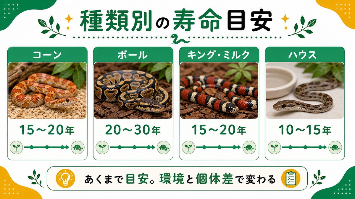 ヘビの寿命は何年？種類別の目安の要点をまとめたカメレオン・爬虫類飼育インフォグラフィック