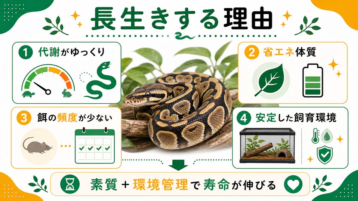 ヘビが長生きする理由の要点をまとめたカメレオン・爬虫類飼育インフォグラフィック