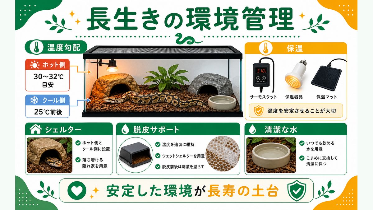長生きさせる飼い方（温度・保温・脱皮）の要点をまとめたカメレオン・爬虫類飼育インフォグラフィック