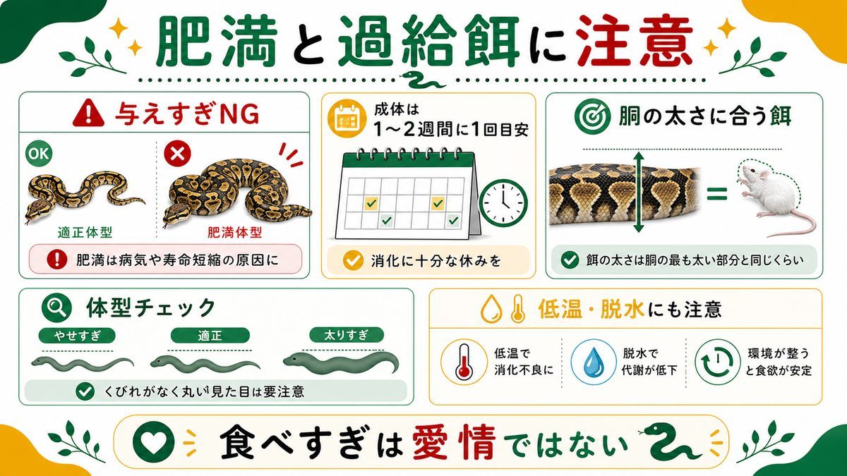 肥満と過給餌に注意（寿命を縮める要因）の要点をまとめたカメレオン・爬虫類飼育インフォグラフィック