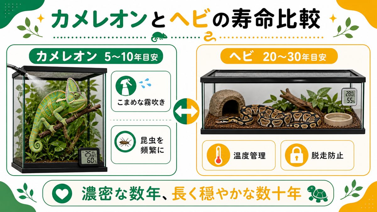 カメレオン（ぺぺ君）との寿命比較の要点をまとめたカメレオン・爬虫類飼育インフォグラフィック