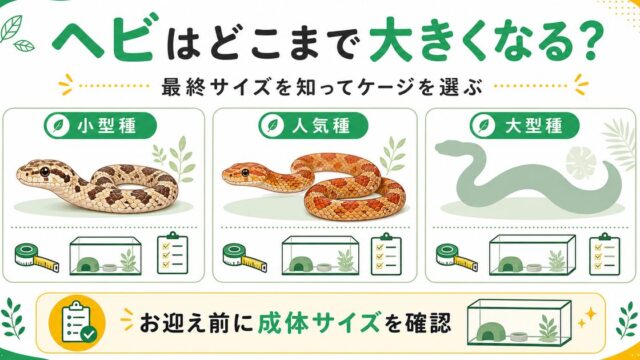 ヘビはどこまで大きくなる？種類別の最終サイズと成長・ケージ選びの注意点の要点を伝えるカメレオン・爬虫類記事アイキャッチ画像