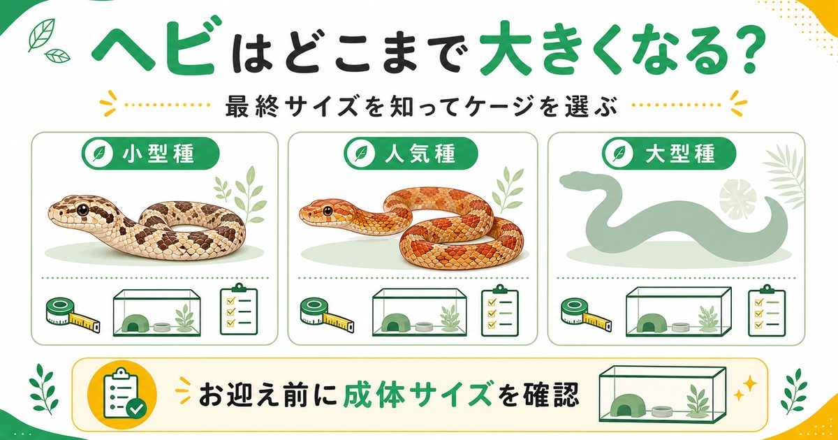ヘビはどこまで大きくなる？種類別の最終サイズと成長・ケージ選びの注意点の要点を伝えるカメレオン・爬虫類記事アイキャッチ画像