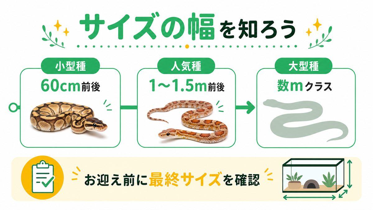 ヘビはどこまで大きくなる?サイズの幅を知ろうの要点をまとめたカメレオン・爬虫類飼育インフォグラフィック