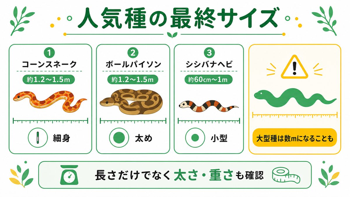 人気種の最終サイズ一覧の要点をまとめたカメレオン・爬虫類飼育インフォグラフィック