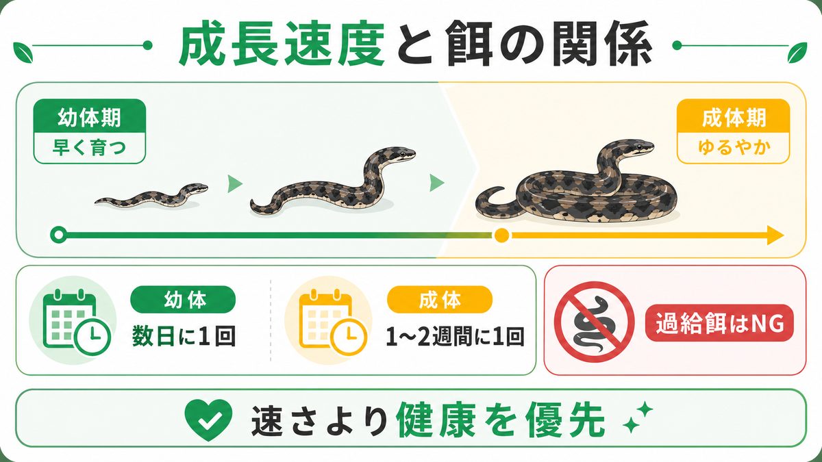 ヘビの成長速度と餌の関係の要点をまとめたカメレオン・爬虫類飼育インフォグラフィック