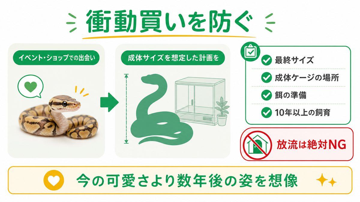 「思ったより大きくなる」衝動買いの注意の要点をまとめたカメレオン・爬虫類飼育インフォグラフィック