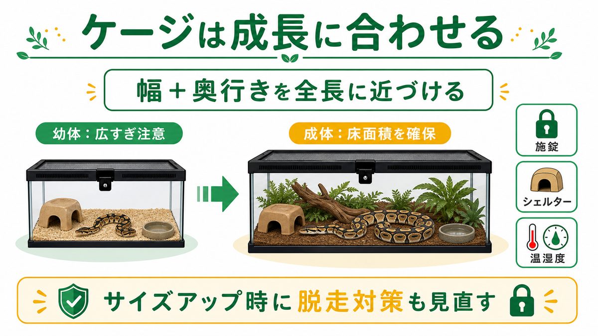 最終サイズに合わせたケージ選びの要点をまとめたカメレオン・爬虫類飼育インフォグラフィック