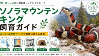 ソノラサンマウンテンキングスネーク（Lampropeltis pyromelana）飼育完全ガイド｜赤白黒の高山性美麗キングの特徴・飼育を徹底解説の要点を伝えるカメレオン・爬虫類記事アイキャッチ画像