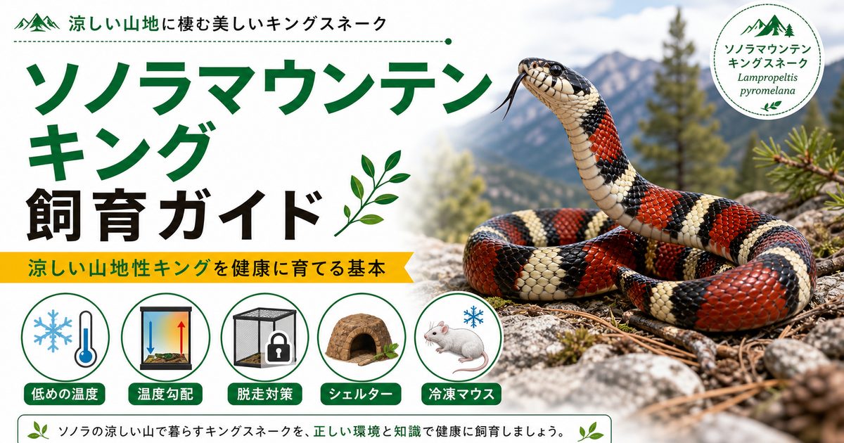 ソノラサンマウンテンキングスネーク（Lampropeltis pyromelana）飼育完全ガイド｜赤白黒の高山性美麗キングの特徴・飼育を徹底解説の要点を伝えるカメレオン・爬虫類記事アイキャッチ画像