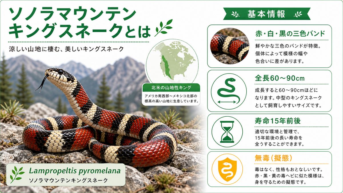 ソノラマウンテンキングスネークとは(基本情報)の要点をまとめたカメレオン・爬虫類飼育インフォグラフィック