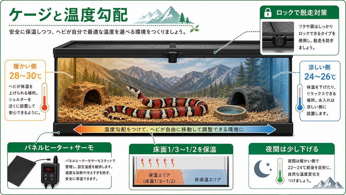 ケージと保温・温度勾配の要点をまとめたカメレオン・爬虫類飼育インフォグラフィック