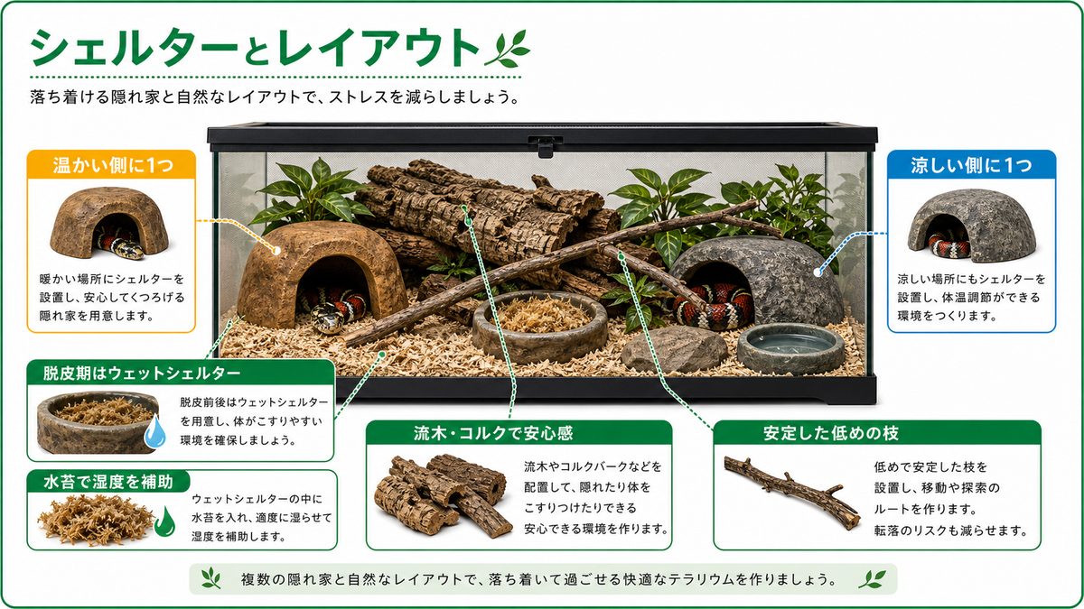 シェルターとレイアウトの要点をまとめたカメレオン・爬虫類飼育インフォグラフィック